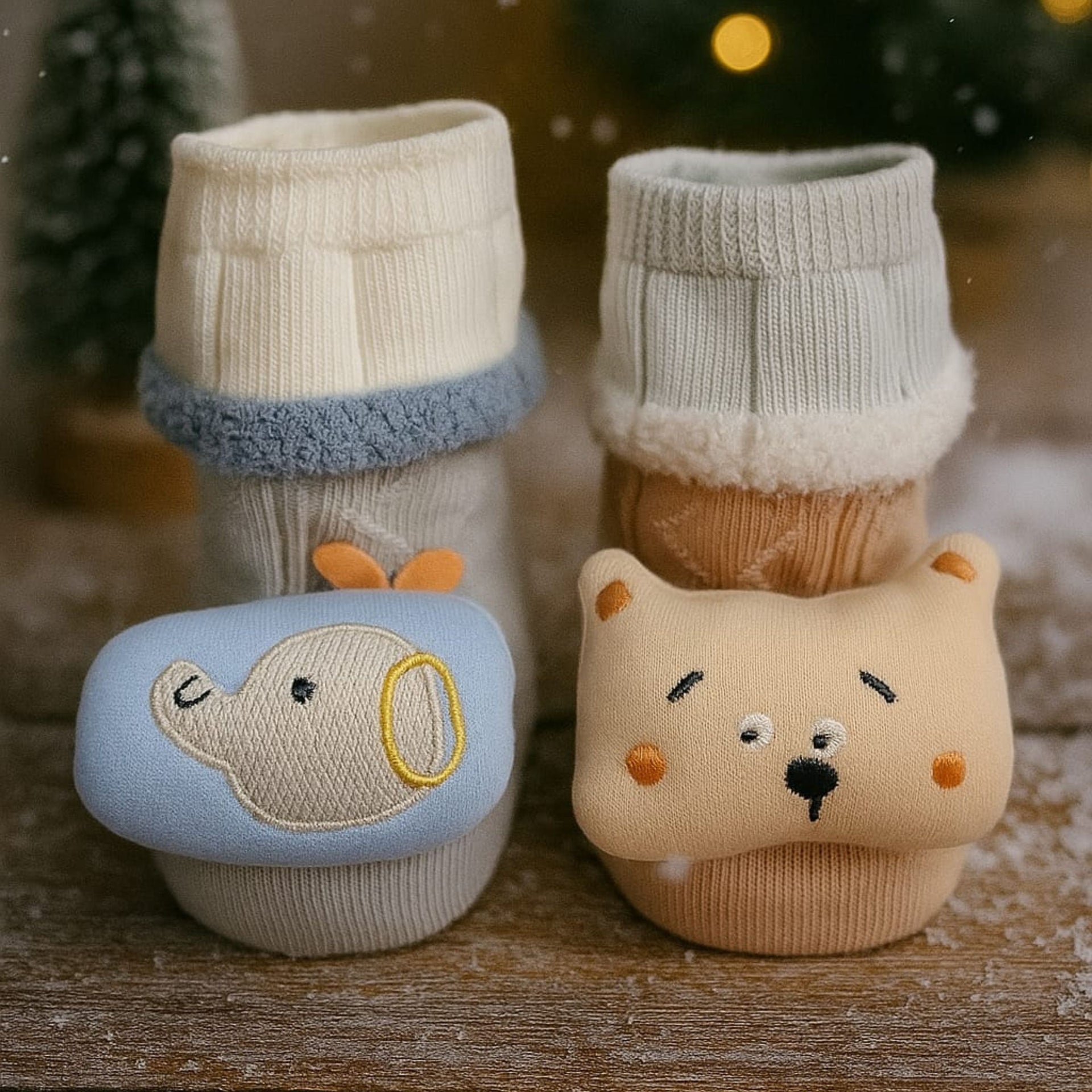 SMILE BABY Newborn Baby Booties | Soft Cotton Booties with Cute Animal Designs | Warm & Comfortable Infant Footwear (0–12 Months) | Pack of 2 – Beige & Blue