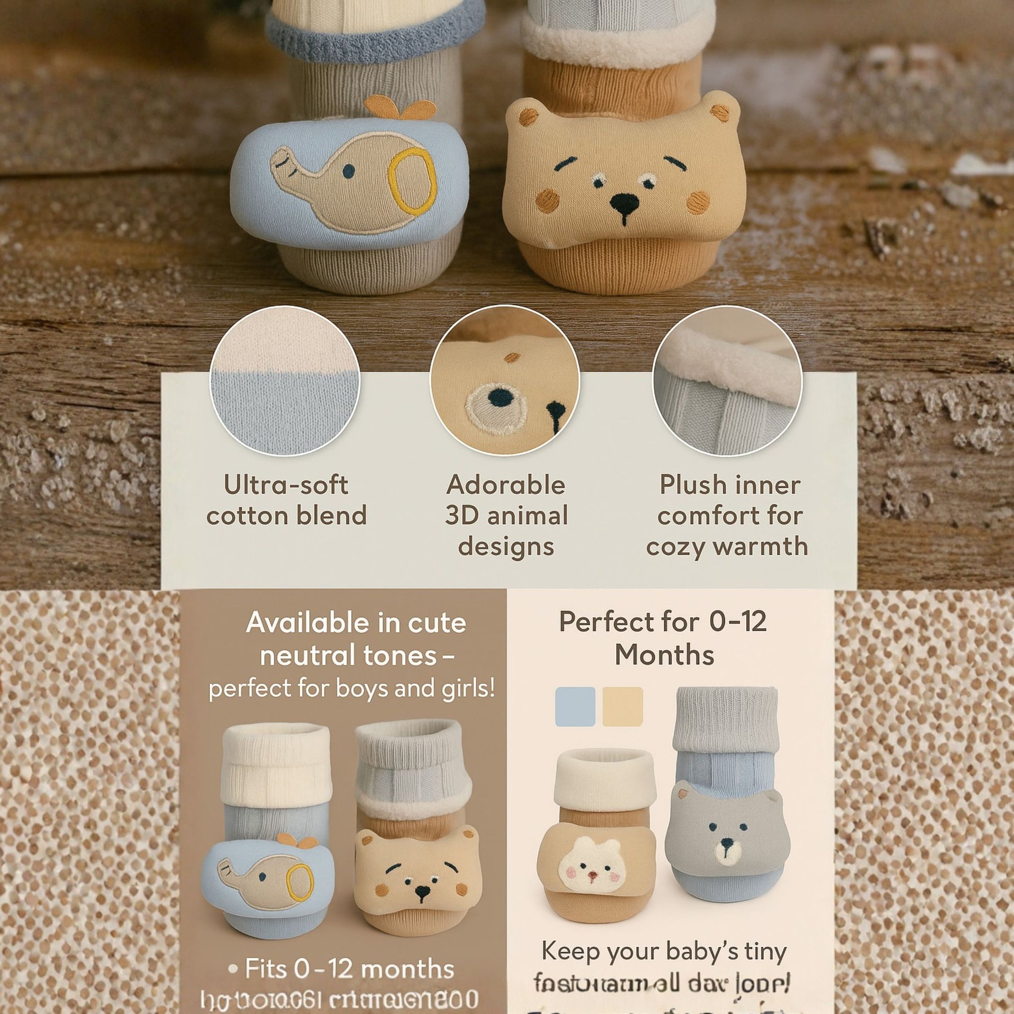 SMILE BABY Newborn Baby Booties | Soft Cotton Booties with Cute Animal Designs | Warm & Comfortable Infant Footwear (0–12 Months) | Pack of 2 – Beige & Blue