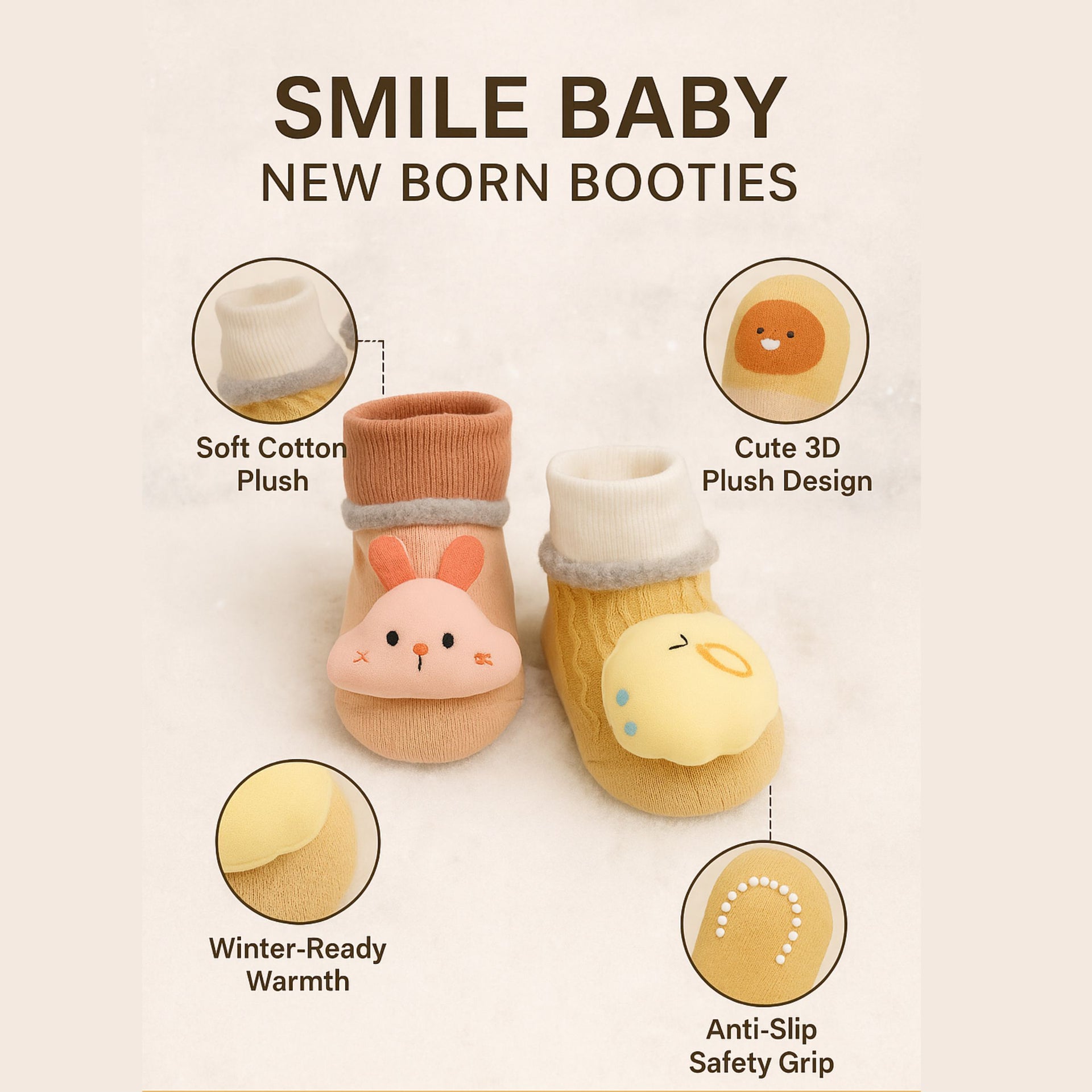 SMILE BABY New Born Booties – Soft Cotton Plush 3D Animal Socks for Infants | Warm & Anti-Slip Baby Winter Booties (Pack of 2 Pairs)