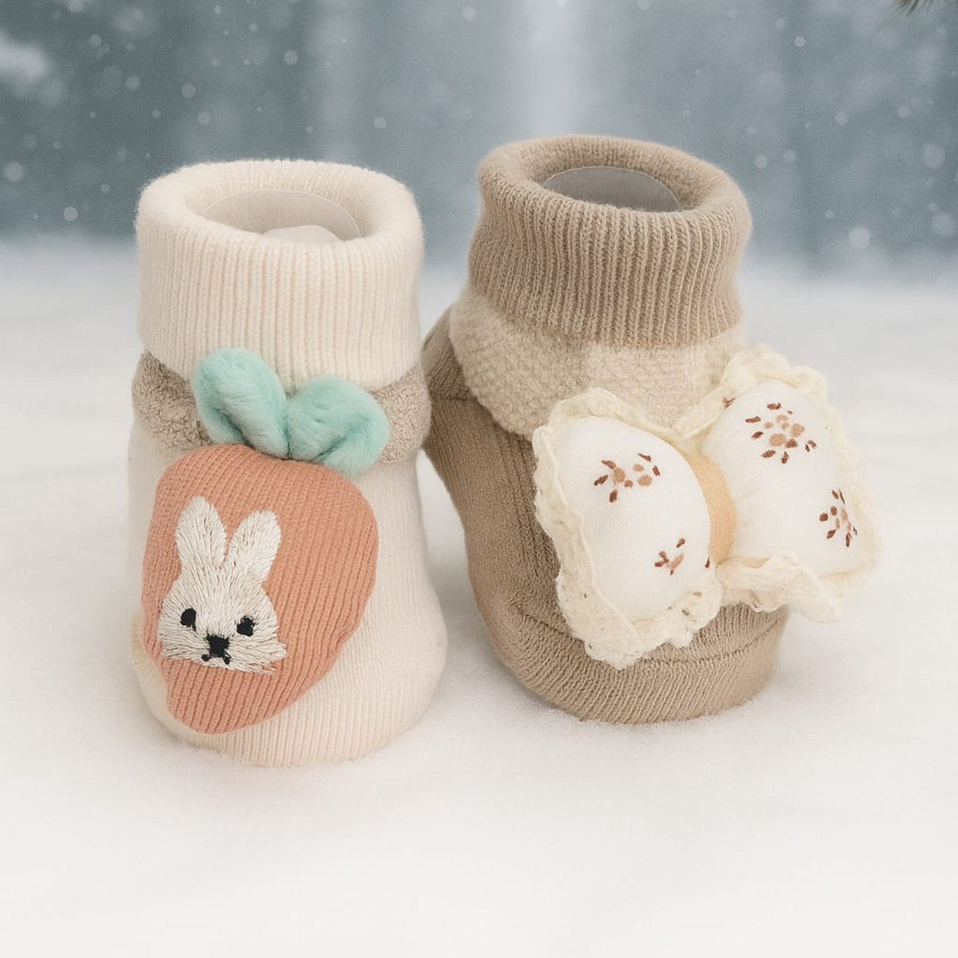SMILE BABY Newborn Baby Booties | Soft Knitted Cotton Booties with Bunny & Bow Designs | Warm & Cozy Infant Shoes (0–12 Months) | Unisex Pack of 2