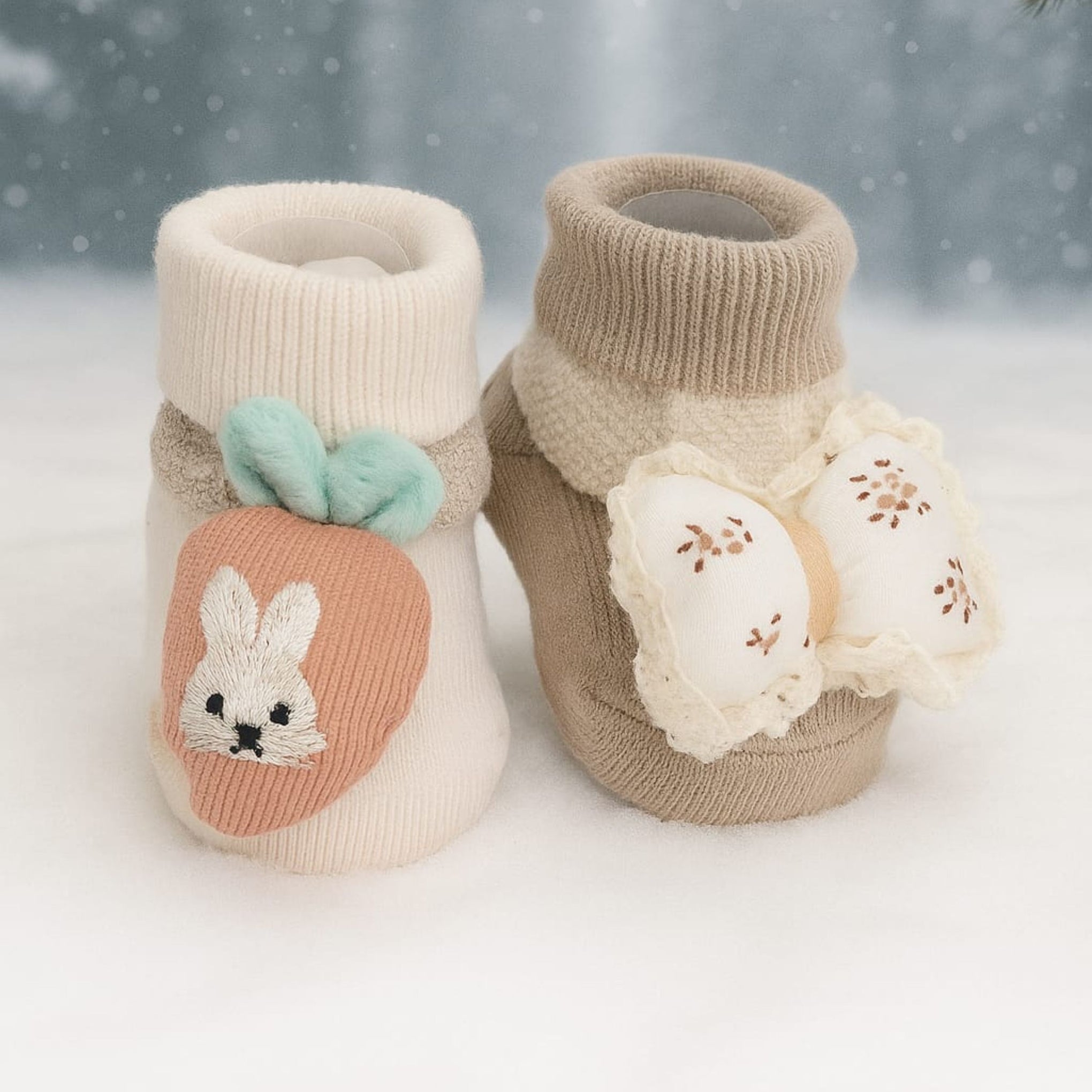 SMILE BABY Newborn Baby Booties | Soft Knitted Cotton Booties with Bunny & Bow Designs | Warm & Cozy Infant Shoes (0–12 Months) | Unisex Pack of 2