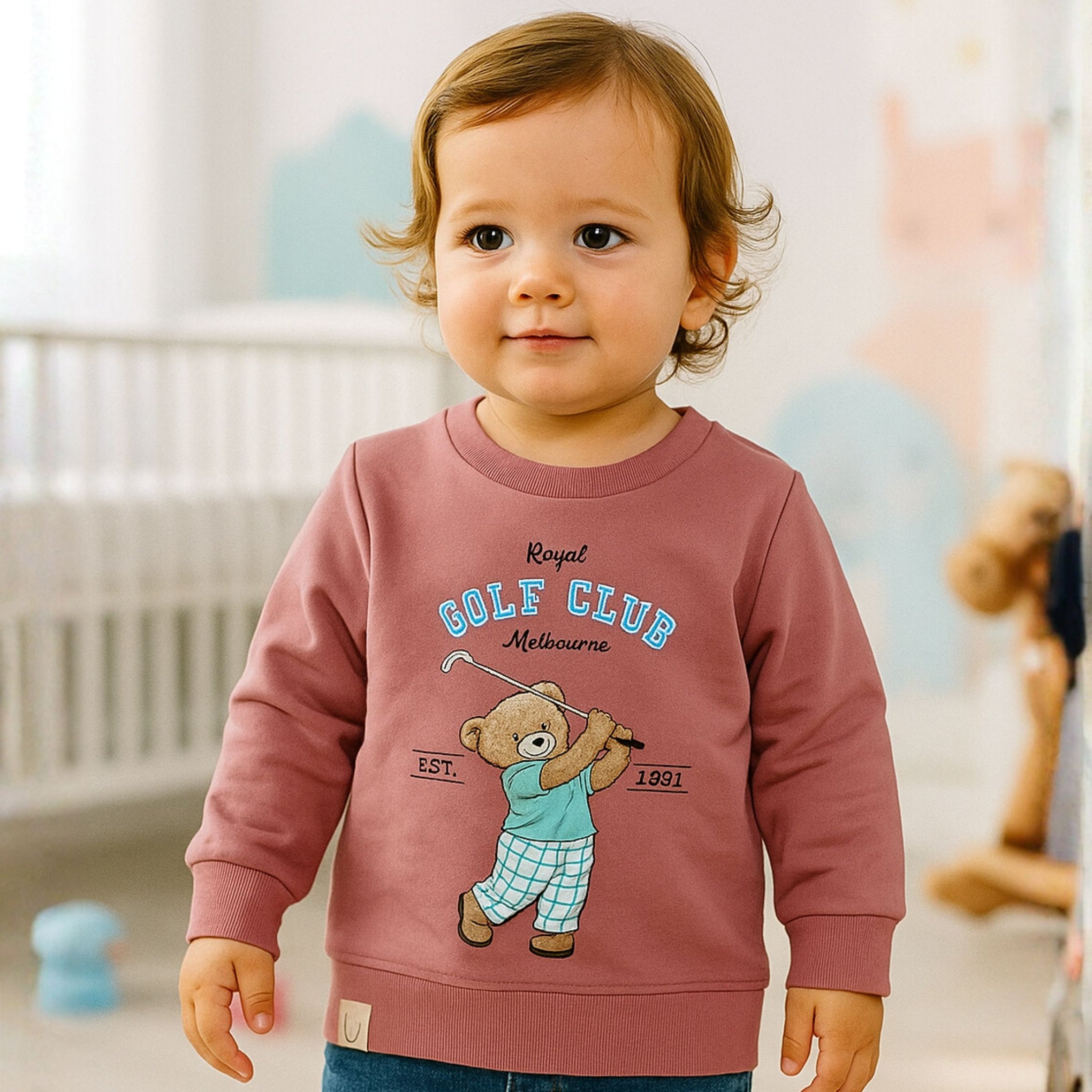 OLLYPOP “Royal Golf Club” Baby Sweatshirt – Soft Cotton Pullover for Boys (12M–6Y) – Green & Rose