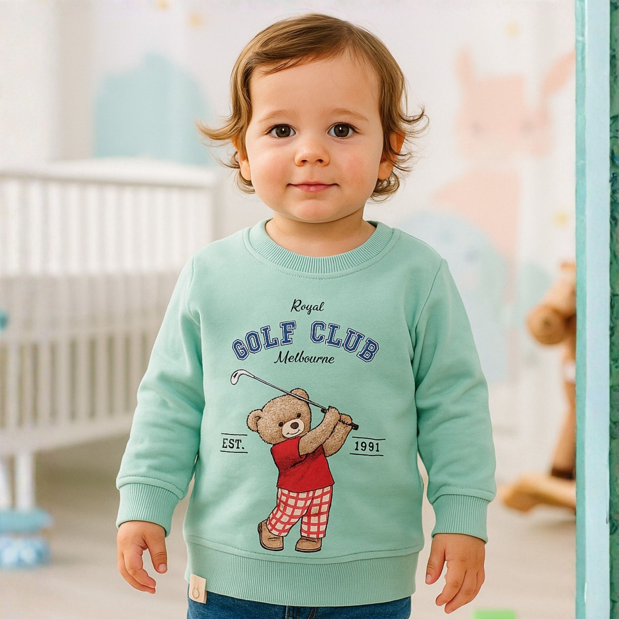 OLLYPOP “Royal Golf Club” Baby Sweatshirt – Soft Cotton Pullover for Boys (12M–6Y) – Green & Rose