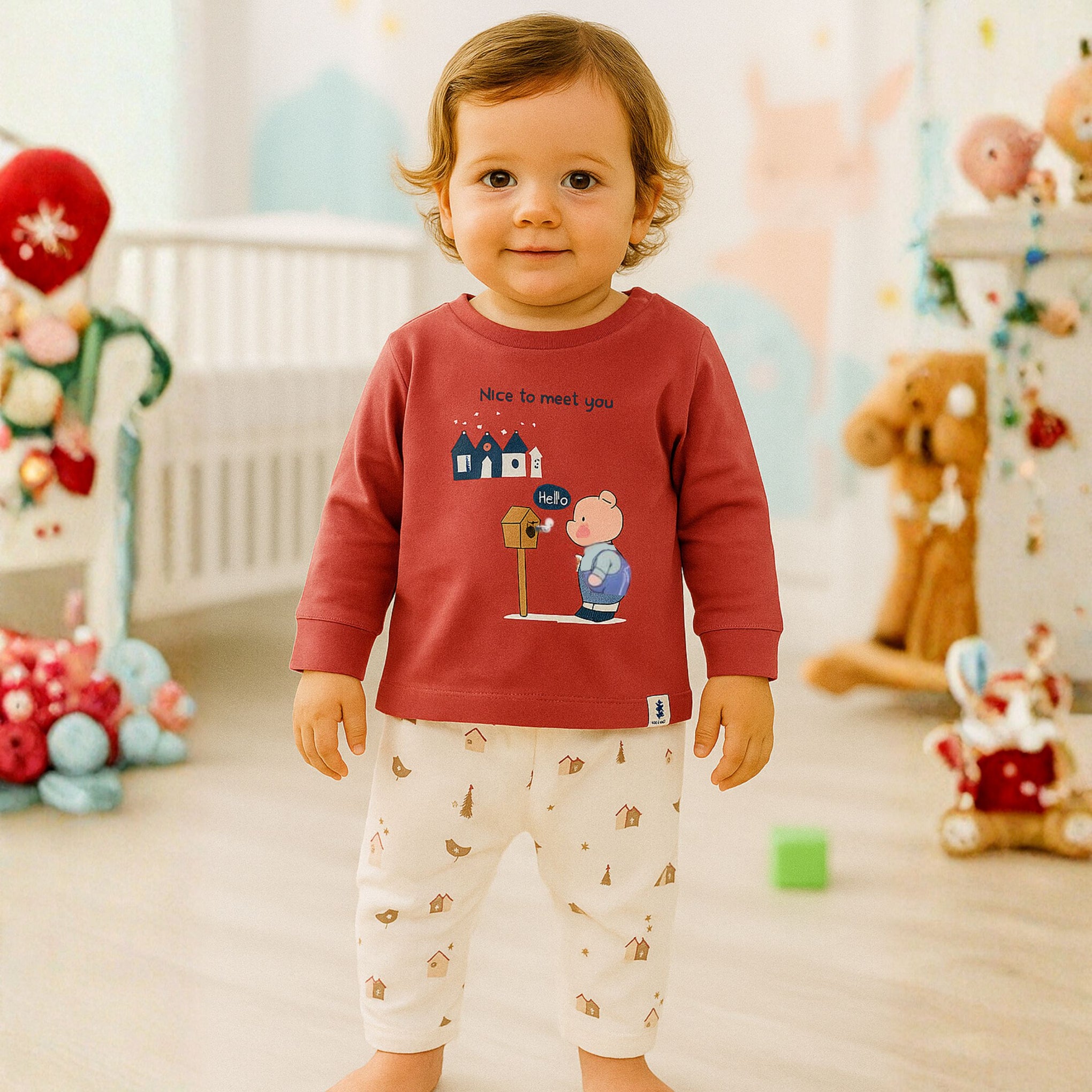 OLLYPOP “Nice To Meet You” Full Sleeve Boys T-Shirt & Pant Set – Soft Cotton Outfit (3M–3Y) – Scuba & Mulberry