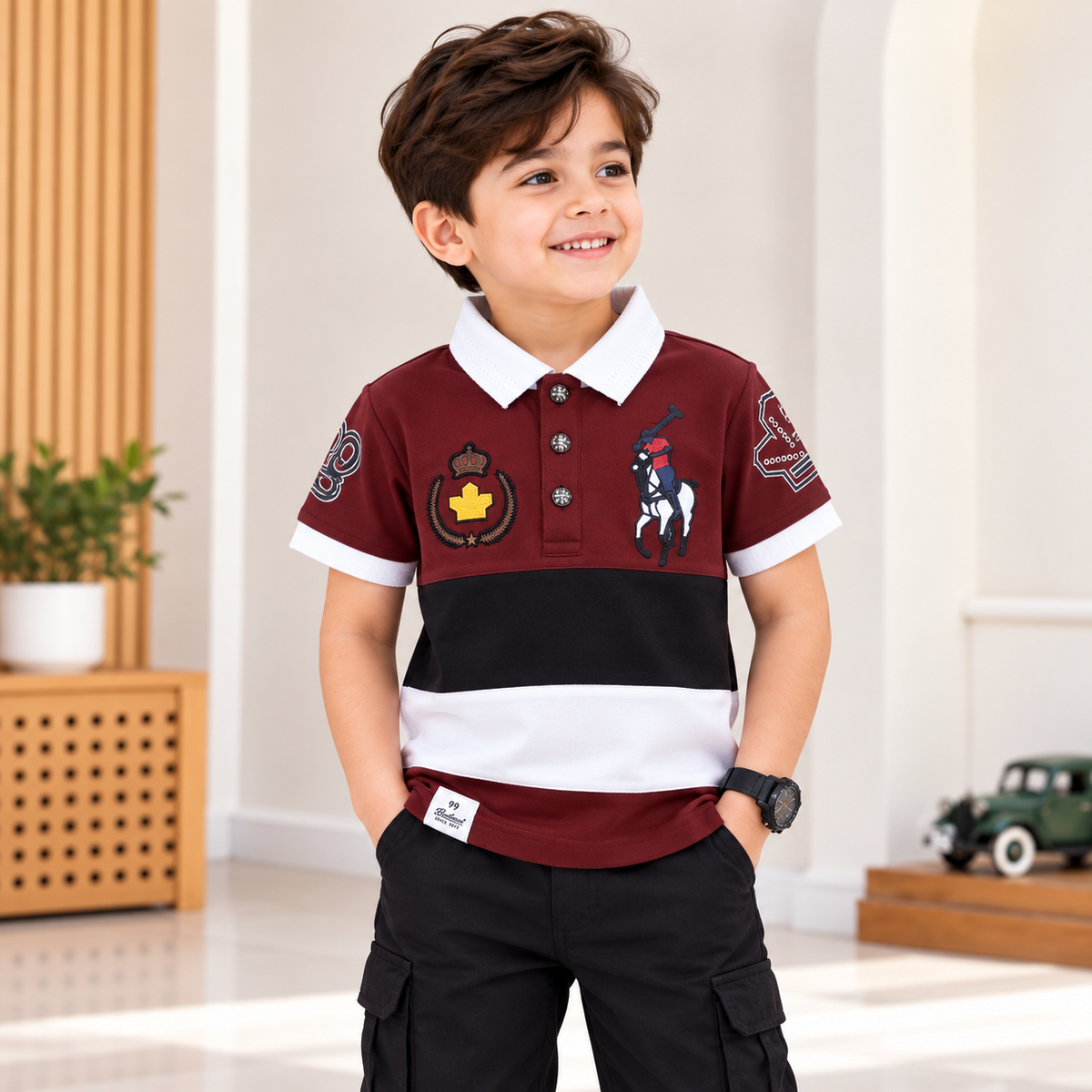 99 BALLON boys rust colour block polo shirt front