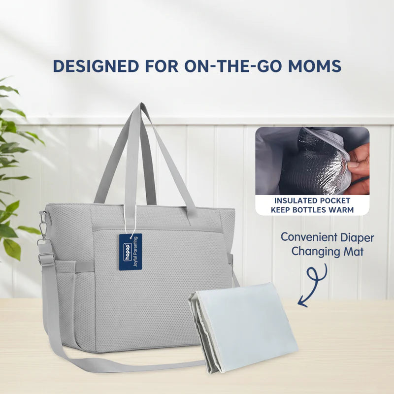 HOPOP Diaper Bag Tote with Changing Mat | Large Baby Bag with Insulated Bottle Pocket | Travel Maternity Bag | Beige & Grey