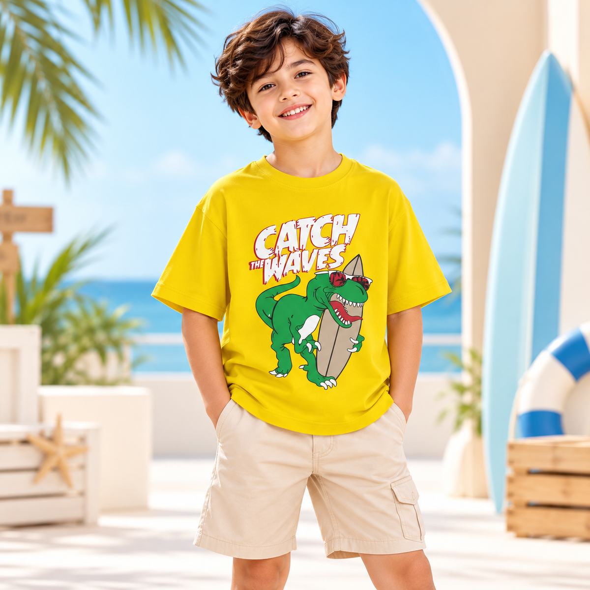 Smile Baby Kids Dinosaur Graphic Oversized T-Shirt – Green, Yellow & Orange 