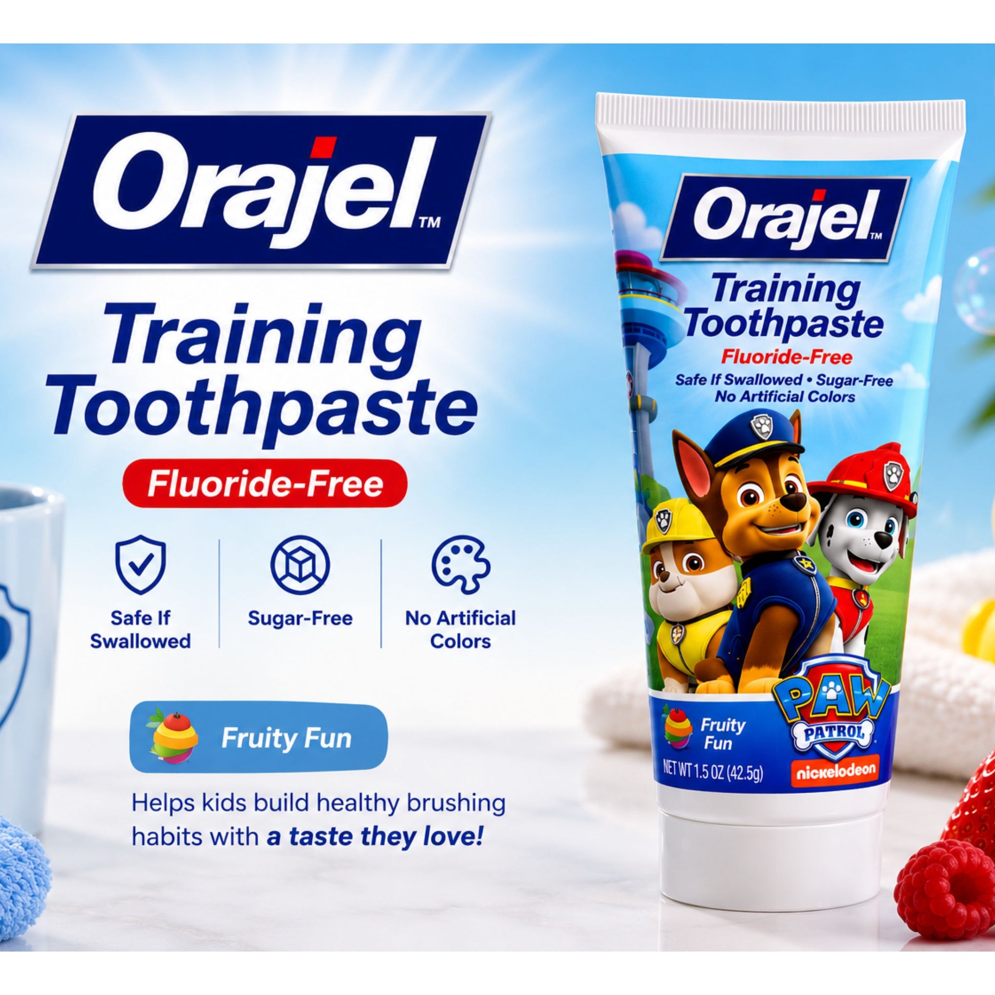 Orajel Paw Patrol Training Toothpaste Fluoride-Free Fruity Fun for Kids – 42.5g
