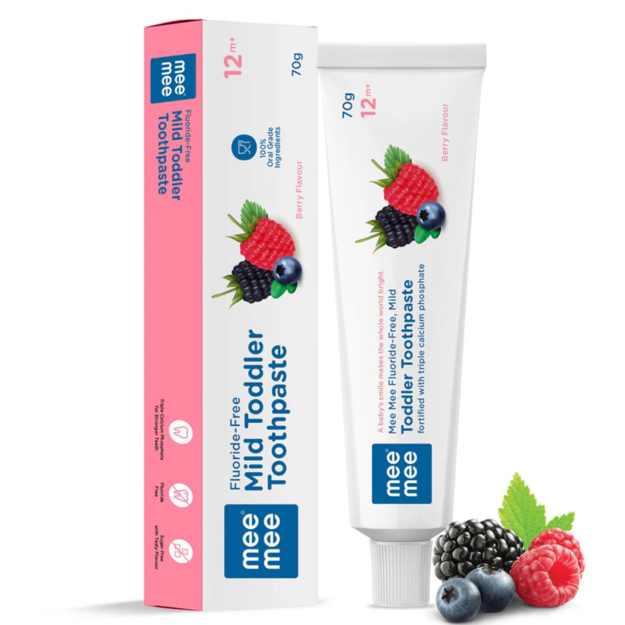 Mee Mee Fluoride-Free Mild Toddler Toothpaste, Berry Flavour, 70g | Safe & Gentle Oral Care for Toddlers 12 Months+ | Triple Calcium Phosphate Formula