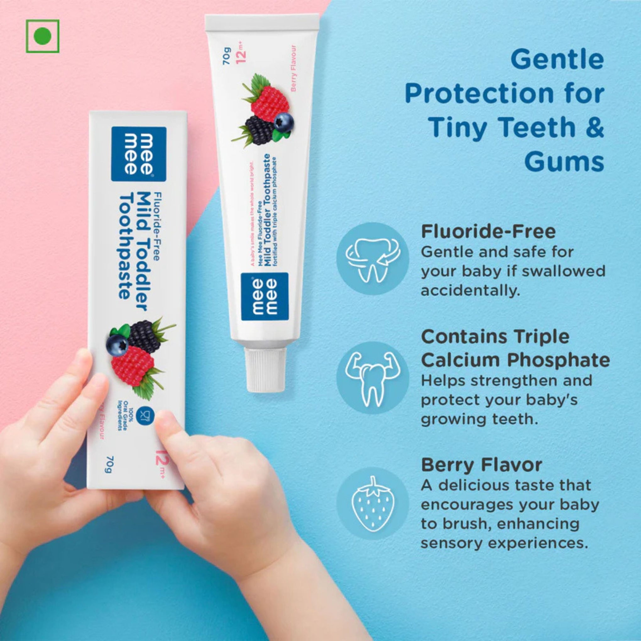 Mee Mee Fluoride-Free Mild Toddler Toothpaste, Berry Flavour, 70g | Safe & Gentle Oral Care for Toddlers 12 Months+ | Triple Calcium Phosphate Formula