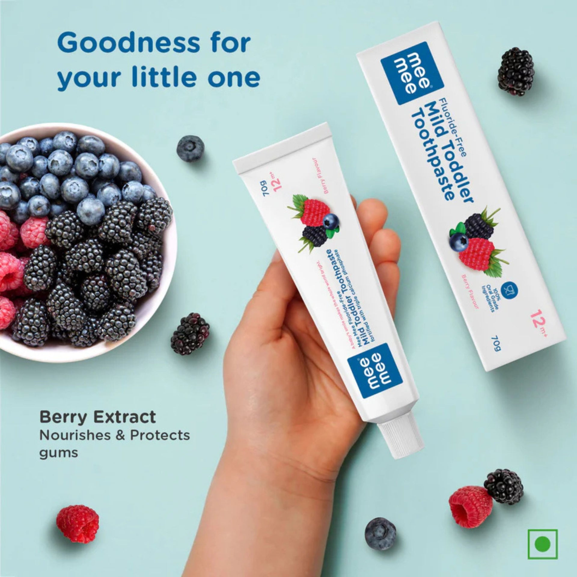 Mee Mee Fluoride-Free Mild Toddler Toothpaste, Berry Flavour, 70g | Safe & Gentle Oral Care for Toddlers 12 Months+ | Triple Calcium Phosphate Formula