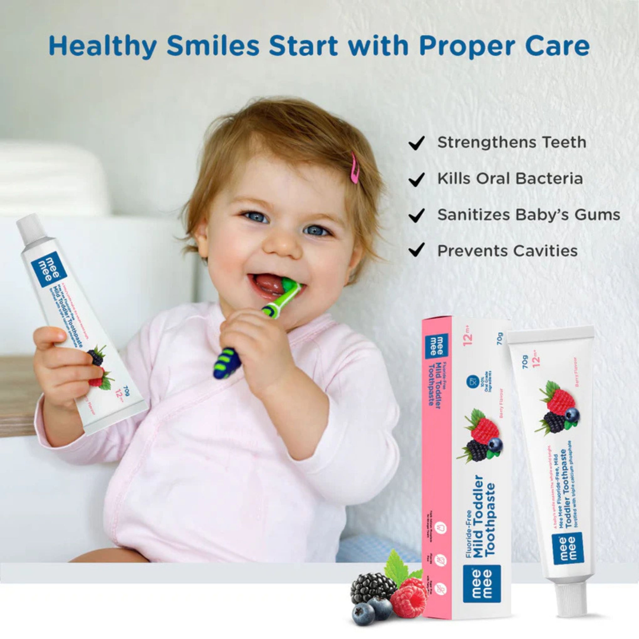 Mee Mee Fluoride-Free Mild Toddler Toothpaste, Berry Flavour, 70g | Safe & Gentle Oral Care for Toddlers 12 Months+ | Triple Calcium Phosphate Formula