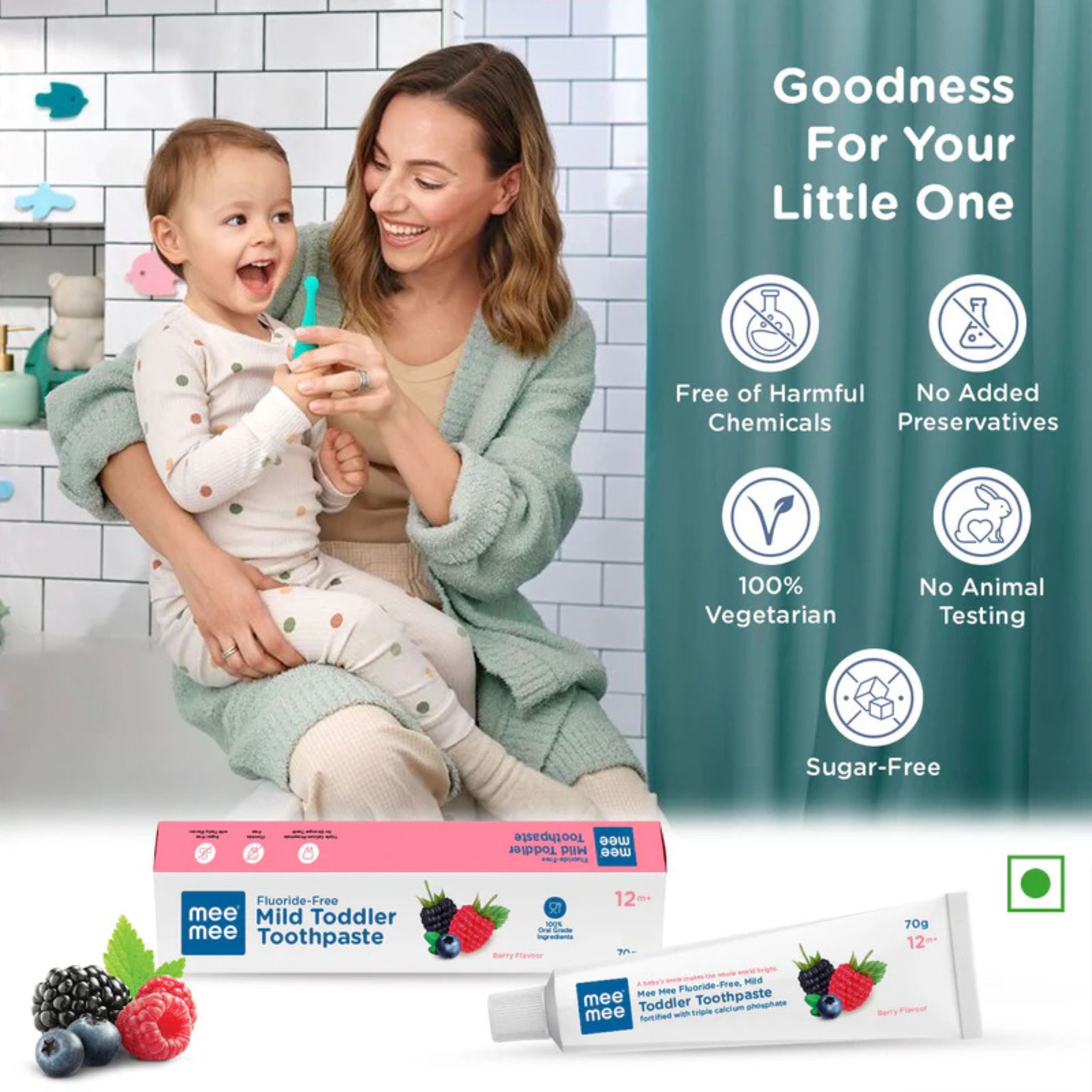 Mee Mee Fluoride-Free Mild Toddler Toothpaste, Berry Flavour, 70g | Safe & Gentle Oral Care for Toddlers 12 Months+ | Triple Calcium Phosphate Formula
