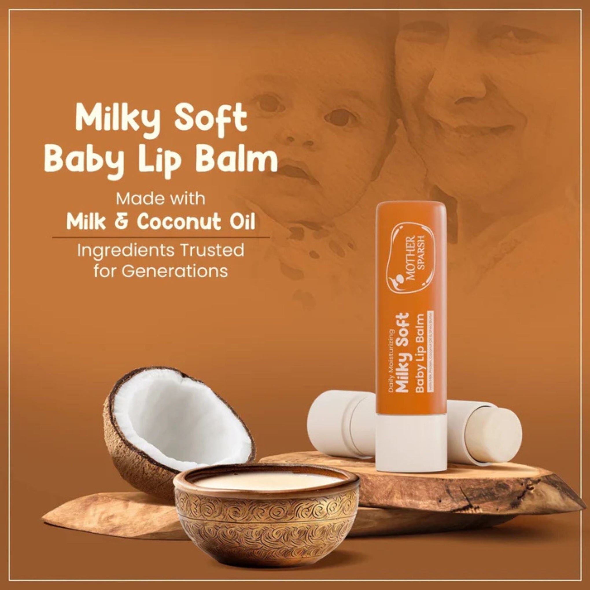Mother Sparsh Milky Soft Baby Lip Balm 4g | Daily Moisturizing Lip Care for Babies & Kids | With Milk Protein, Coconut Oil & Shea Butter | Nourishes Dry & Chapped Lips