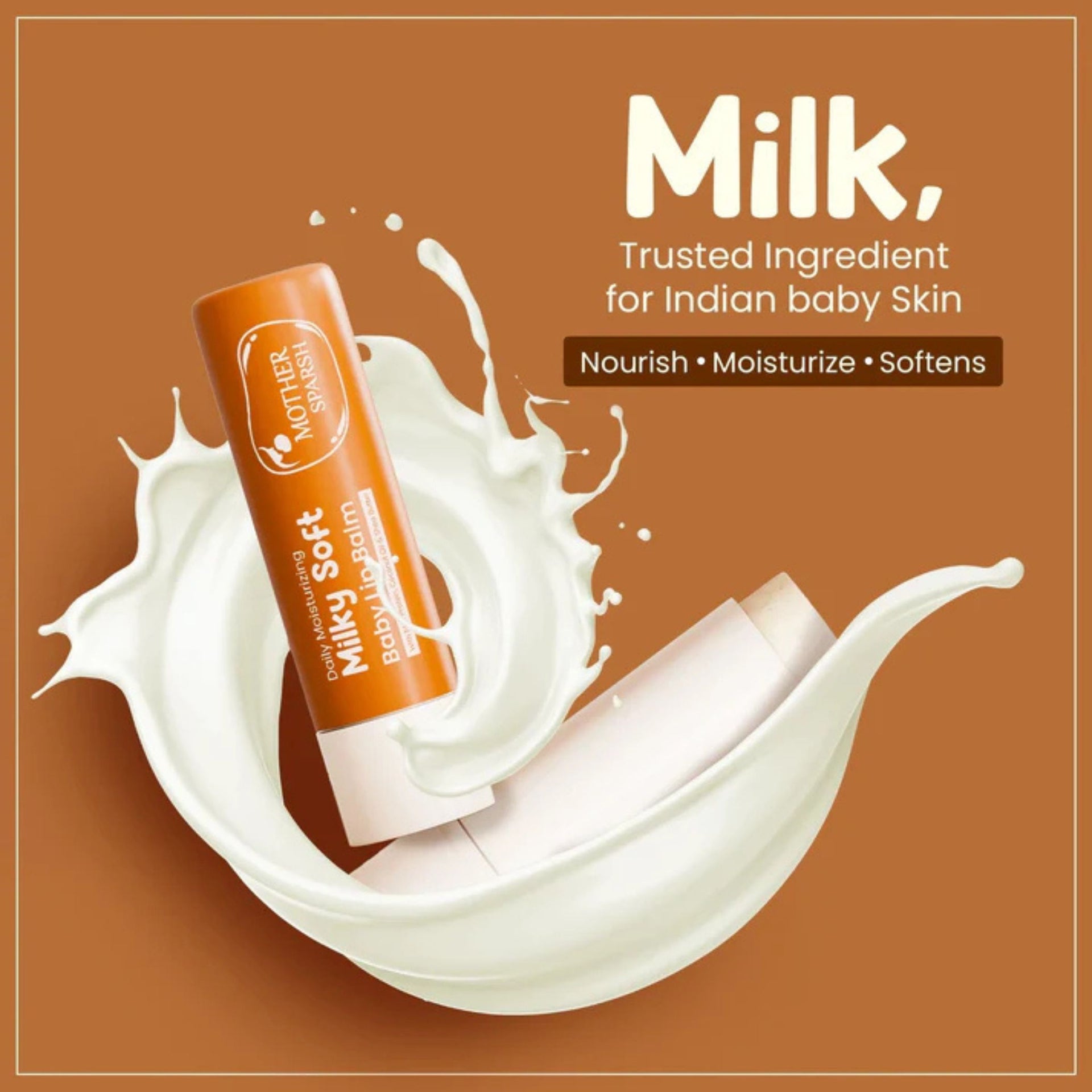 Mother Sparsh Milky Soft Baby Lip Balm 4g | Daily Moisturizing Lip Care for Babies & Kids | With Milk Protein, Coconut Oil & Shea Butter | Nourishes Dry & Chapped Lips