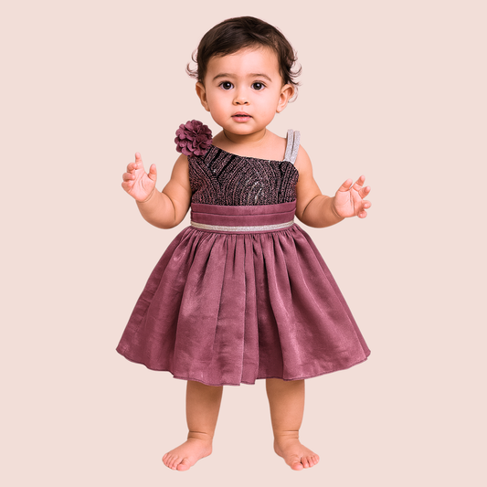 Smile Baby™ Premium One-Shoulder Party Frock for Girls – Soft Satin Shine Dress with Bow Back (1–4 Years)