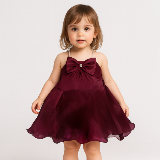 Smile Baby™ Premium Wine-Red Bow Party Dress for Girls – Soft Flare Chiffon Frock (1–4 Years)