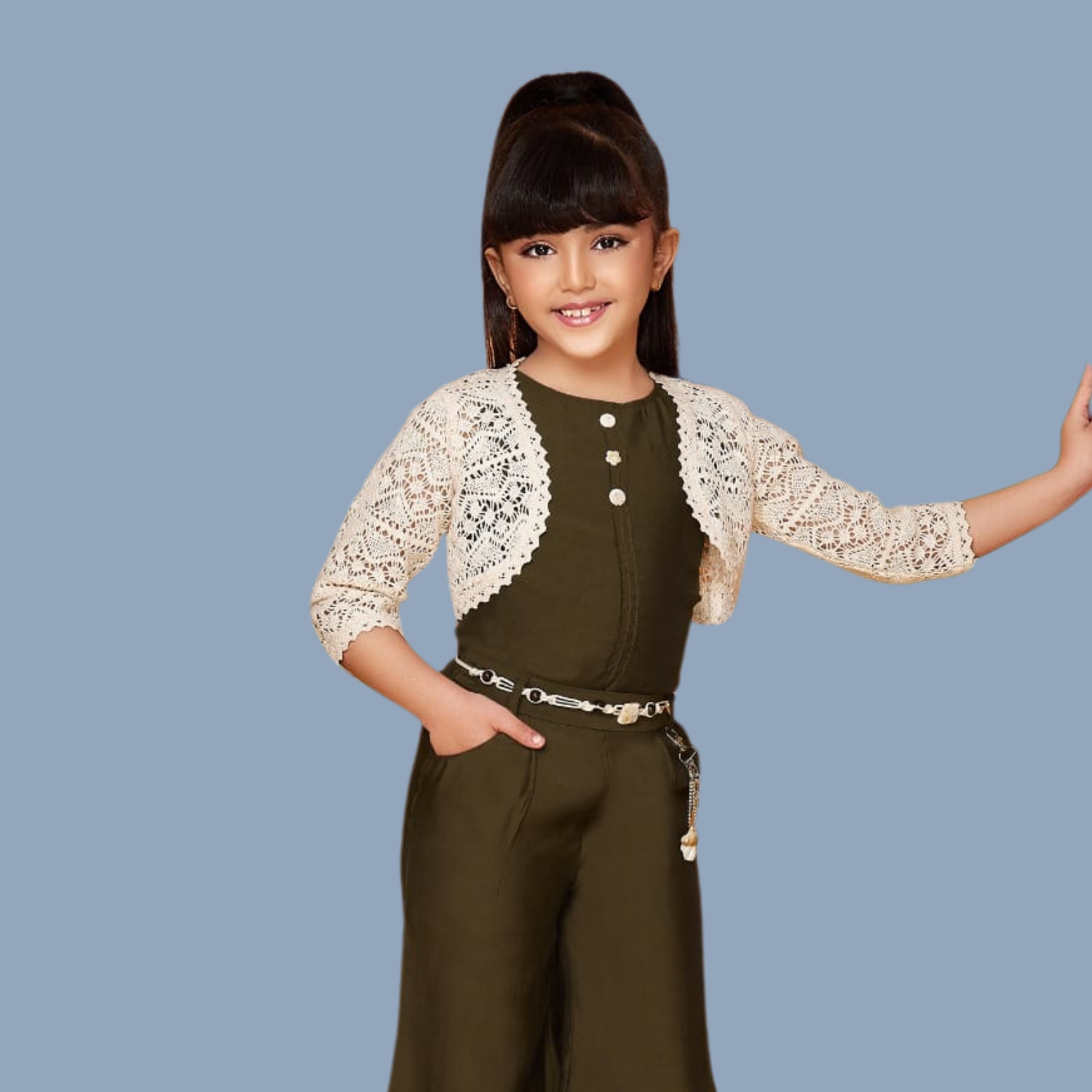 SMILE BABY Girls Olive Green Co-Ord Set with Crochet Shrug & Belt
