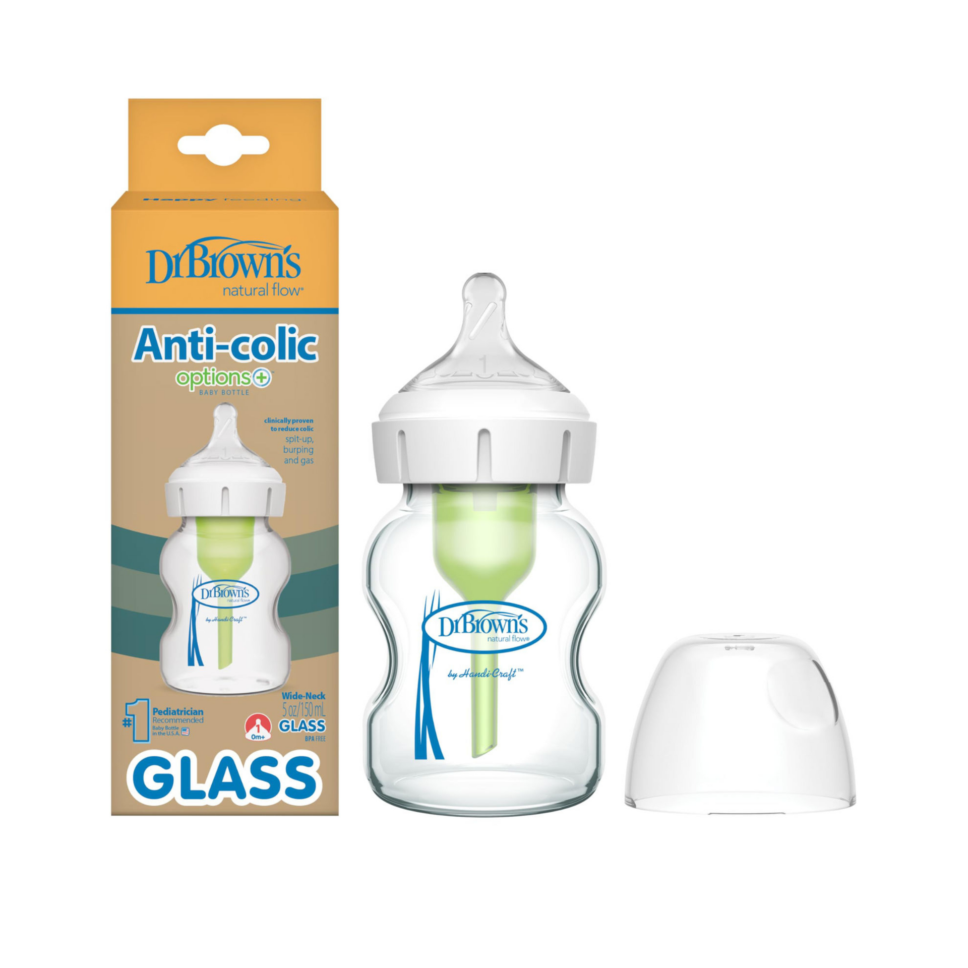 Dr. Brown'S Natural Flow Anti-Colic Options+ Wide-Neck Glass Baby Bottle 5 Oz/150 Ml, With Level 1 Slow Flow Nipple, 1 Pack, 0M+