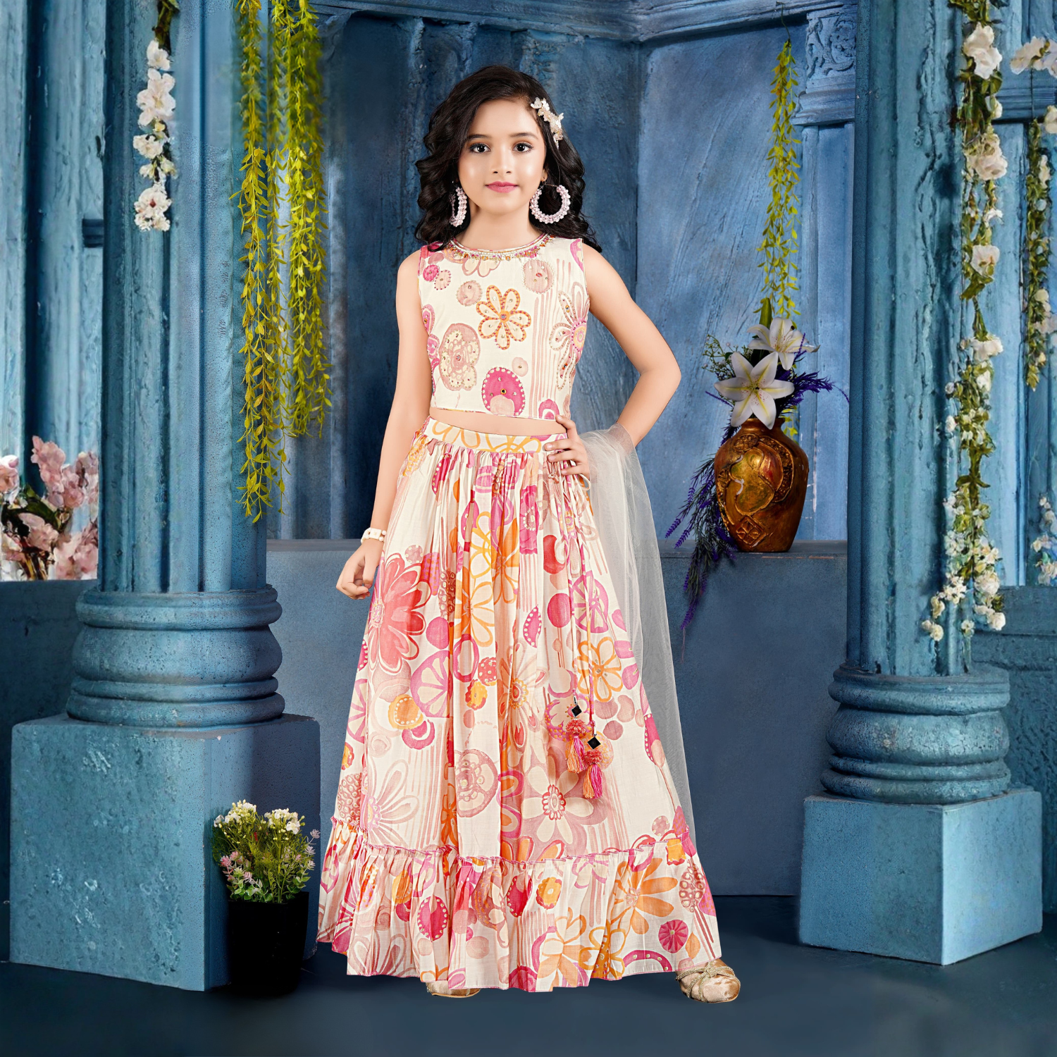 Smile Baby Girls Cream Floral Printed Lehenga Choli Set – Elegant Sleeveless Top & Flared Skirt with Dupatta | Festive & Party Wear Outfit (1–6 Years)