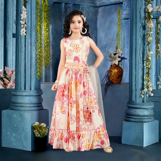 Smile Baby Girls Cream Floral Printed Lehenga Choli Set – Elegant Sleeveless Top & Flared Skirt with Dupatta | Festive & Party Wear Outfit (1–6 Years)