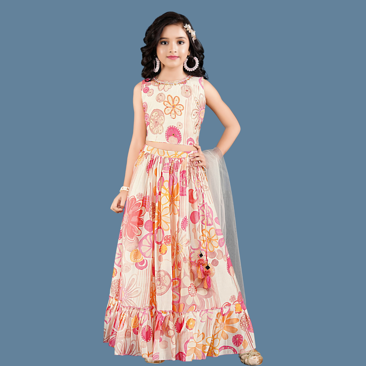 Smile Baby Girls Cream Floral Printed Lehenga Choli Set – Elegant Sleeveless Top & Flared Skirt with Dupatta | Festive & Party Wear Outfit (1–6 Years)