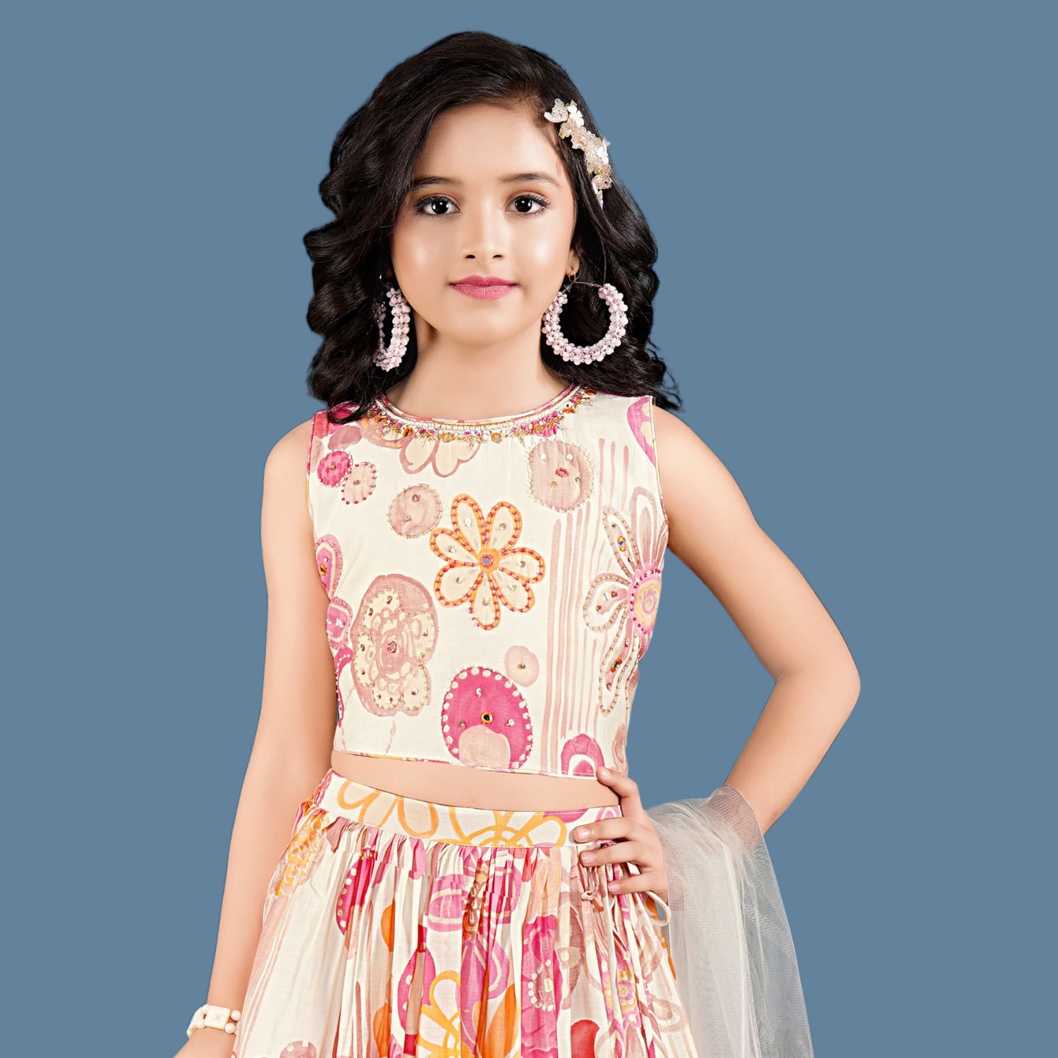 Smile Baby Girls Cream Floral Printed Lehenga Choli Set – Elegant Sleeveless Top & Flared Skirt with Dupatta | Festive & Party Wear Outfit (1–6 Years)