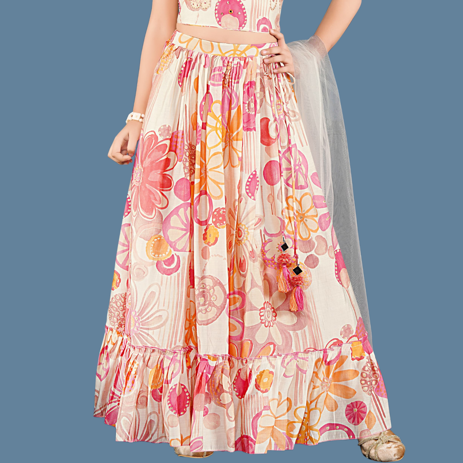 Smile Baby Girls Cream Floral Printed Lehenga Choli Set – Elegant Sleeveless Top & Flared Skirt with Dupatta | Festive & Party Wear Outfit (1–6 Years)