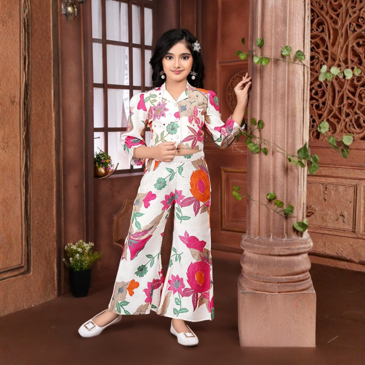 Smile Baby Girls Floral Co-Ord Set – Stylish Rani & Multicolor Printed Shirt & Wide-Leg Pant Set | Soft Cotton Fabric Outfit for Kids (1–12 Years)