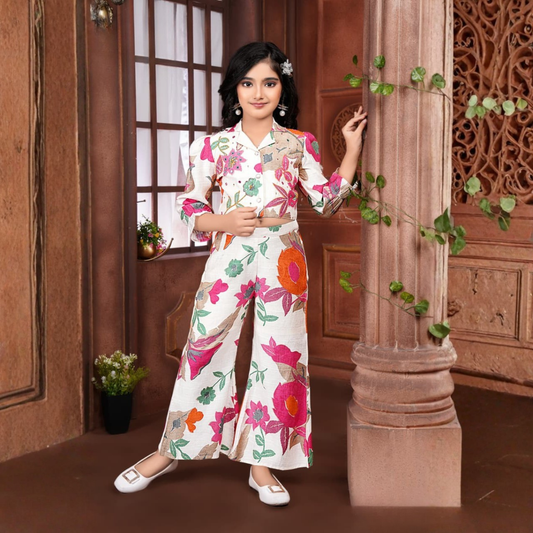 Smile Baby Girls Floral Co-Ord Set – Stylish Rani & Multicolor Printed Shirt & Wide-Leg Pant Set | Soft Cotton Fabric Outfit for Kids (1–12 Years)