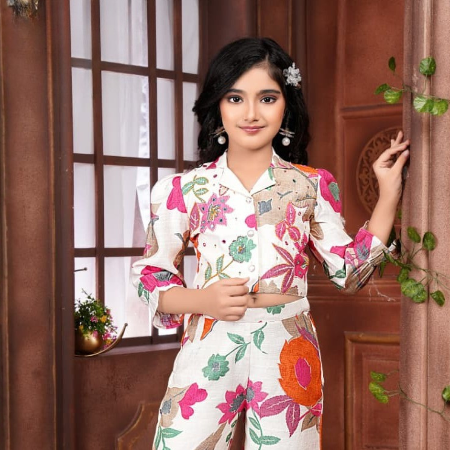 Smile Baby Girls Floral Co-Ord Set – Stylish Rani & Multicolor Printed Shirt & Wide-Leg Pant Set | Soft Cotton Fabric Outfit for Kids (1–12 Years)