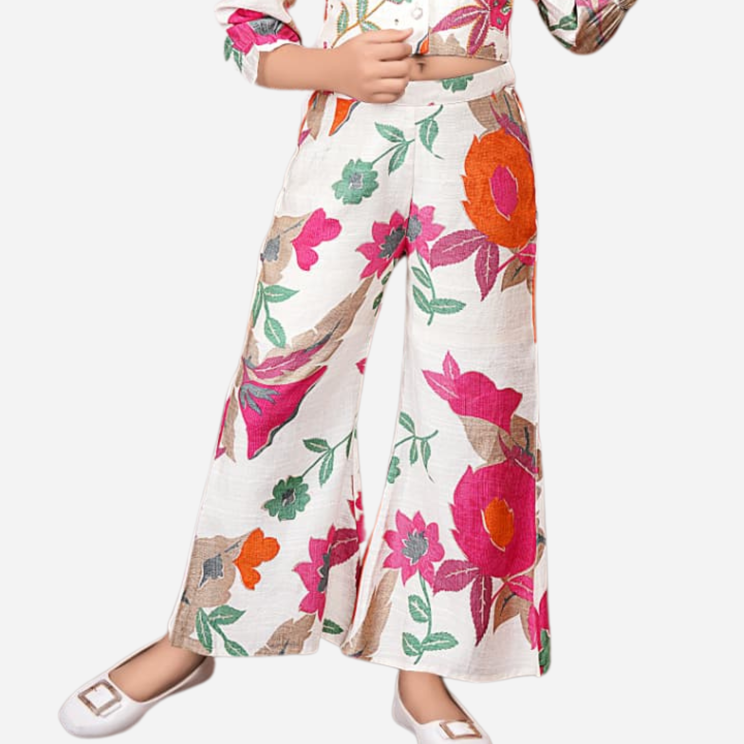 Smile Baby Girls Floral Co-Ord Set – Stylish Rani & Multicolor Printed Shirt & Wide-Leg Pant Set | Soft Cotton Fabric Outfit for Kids (1–12 Years)