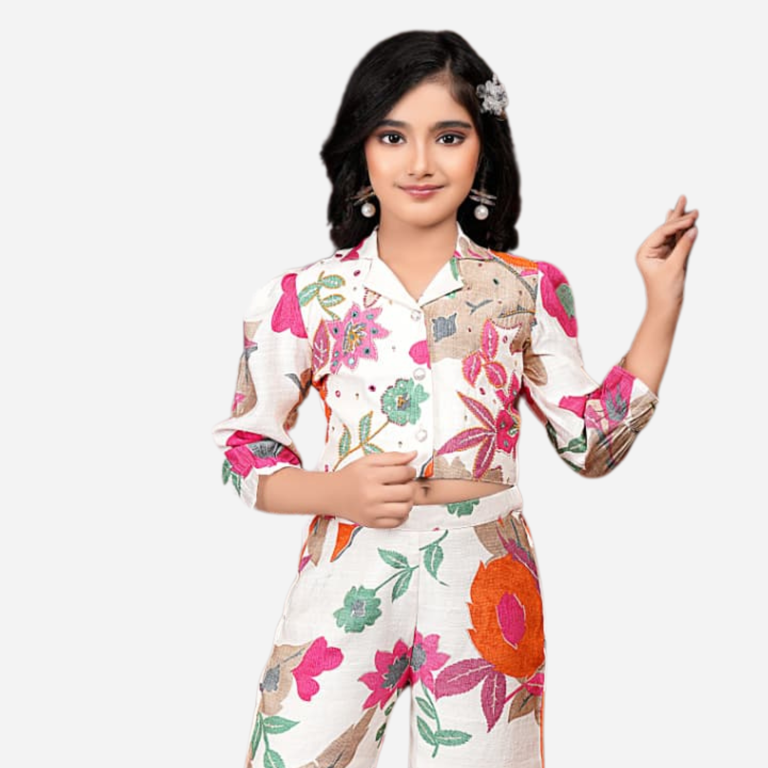 Smile Baby Girls Floral Co-Ord Set – Stylish Rani & Multicolor Printed Shirt & Wide-Leg Pant Set | Soft Cotton Fabric Outfit for Kids (1–12 Years)