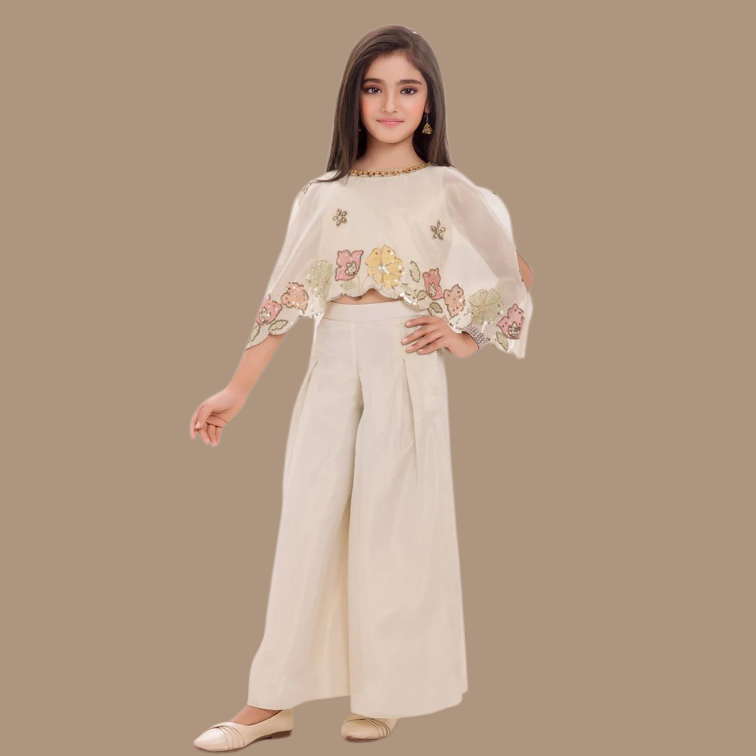 Smile Baby Girls 2-Piece Cream Co-Ord Set – Embroidered Cape Top & Wide-Leg Pants Outfit