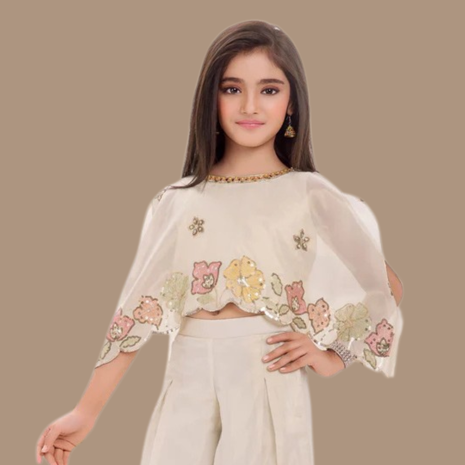 Smile Baby Girls 2-Piece Cream Co-Ord Set – Embroidered Cape Top & Wide-Leg Pants Outfit