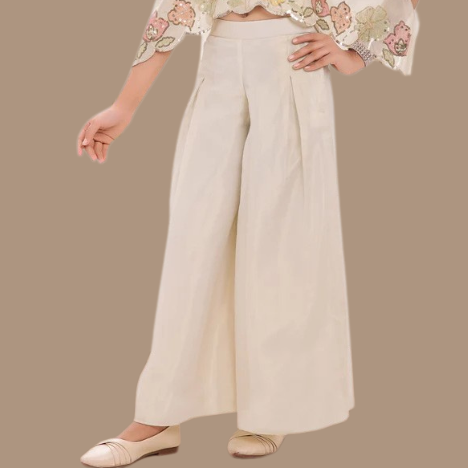 Smile Baby Girls 2-Piece Cream Co-Ord Set – Embroidered Cape Top & Wide-Leg Pants Outfit