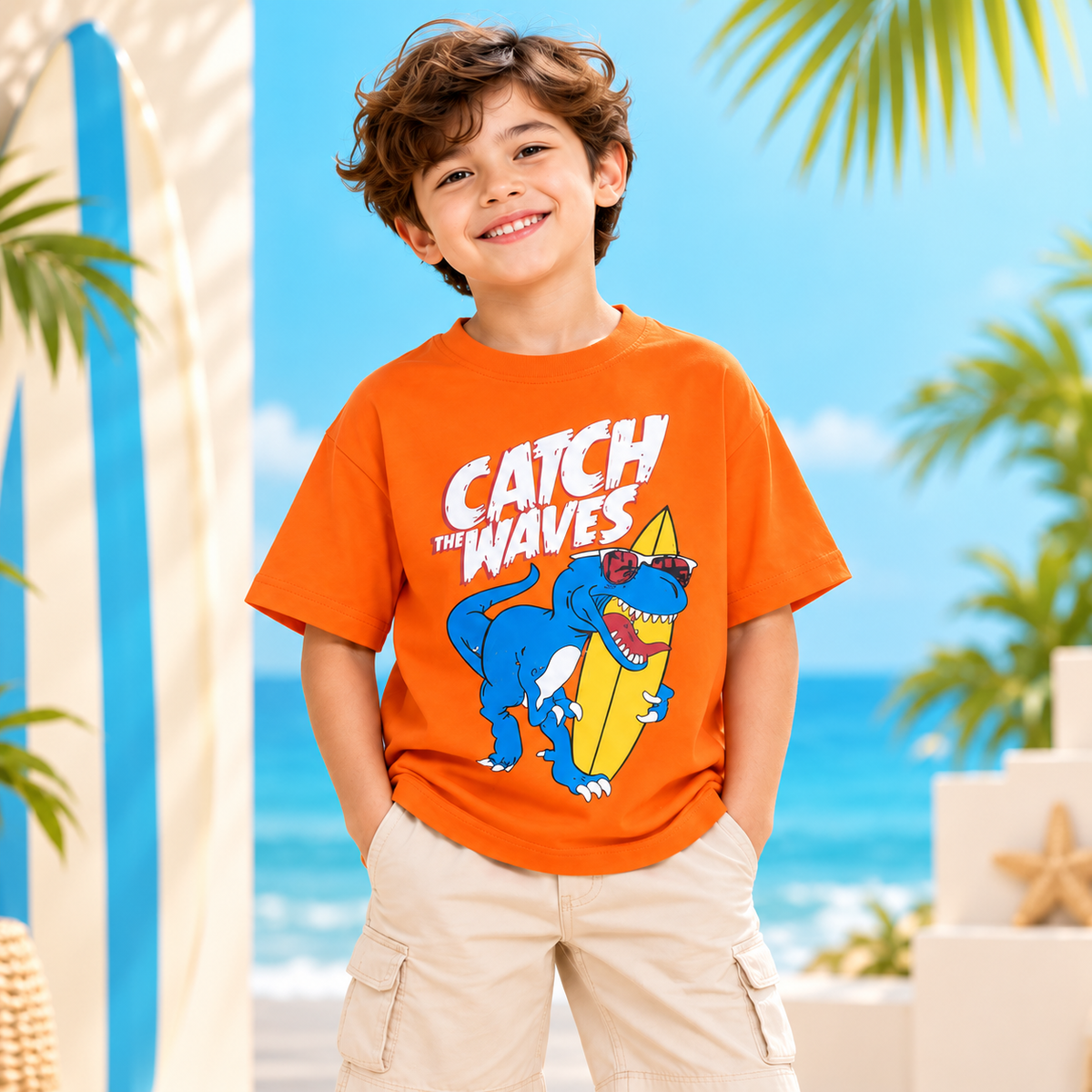 Smile Baby Kids Dinosaur Graphic Oversized T-Shirt – Green, Yellow & Orange 