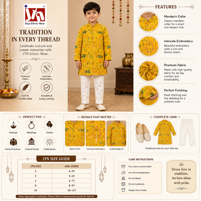 JTN Boys Ethnic Wear Yellow Printed Kurta with White Pajama Set