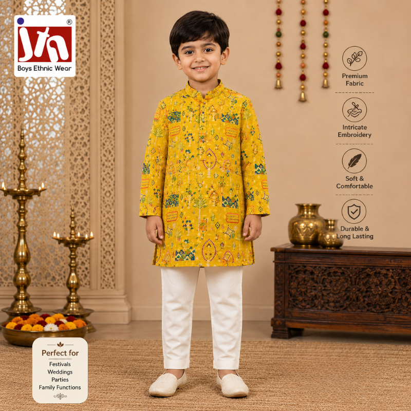 JTN Boys Ethnic Wear Yellow Printed Kurta with White Pajama Set