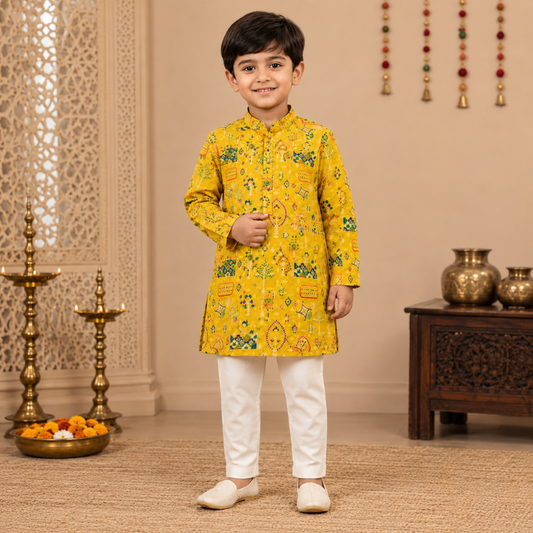 JTN Boys Ethnic Wear Yellow Printed Kurta with White Pajama Set