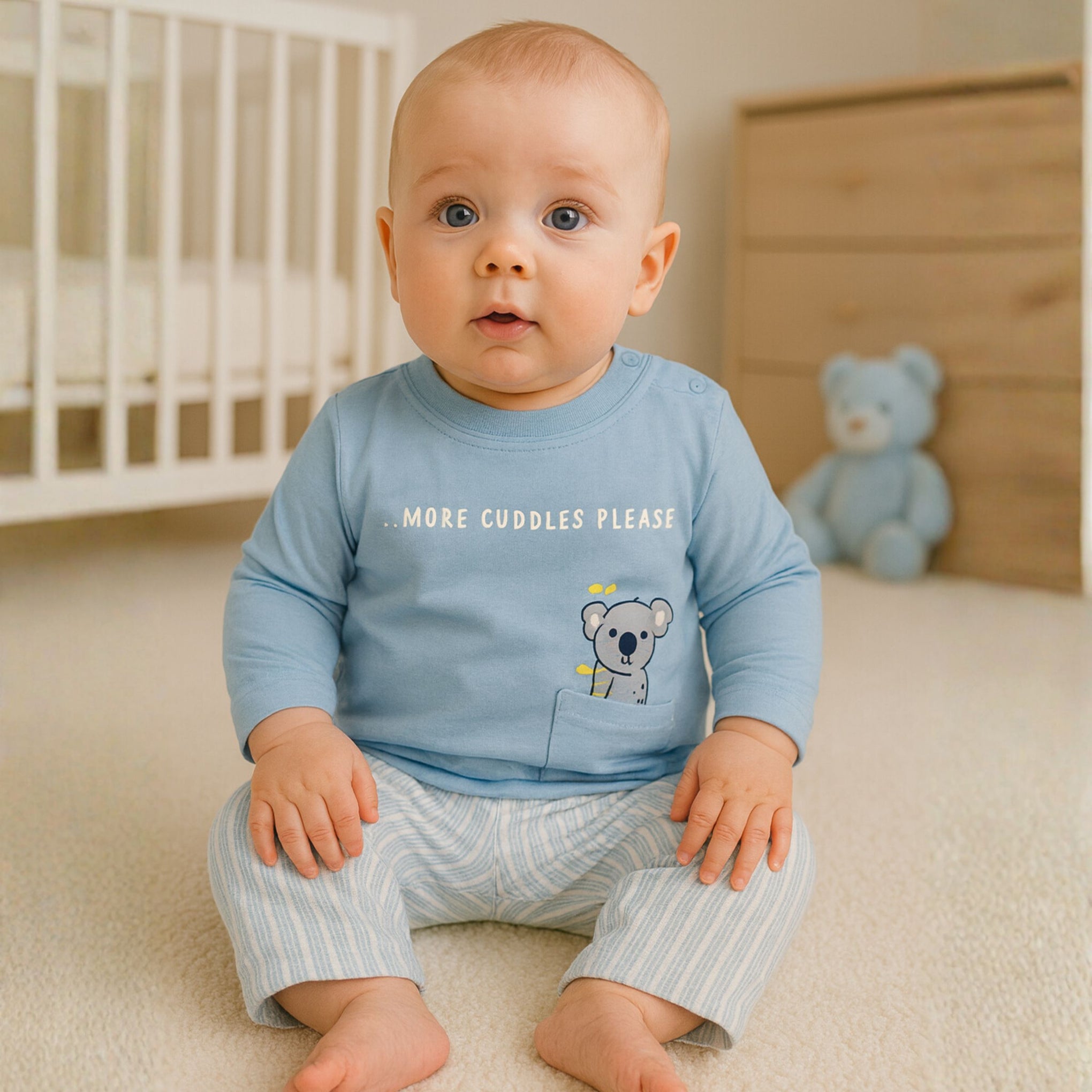 Baby Boys’ “More Cuddles Please” Top & Striped Pants Set – 6 to 24 Months (Blue / Navy)