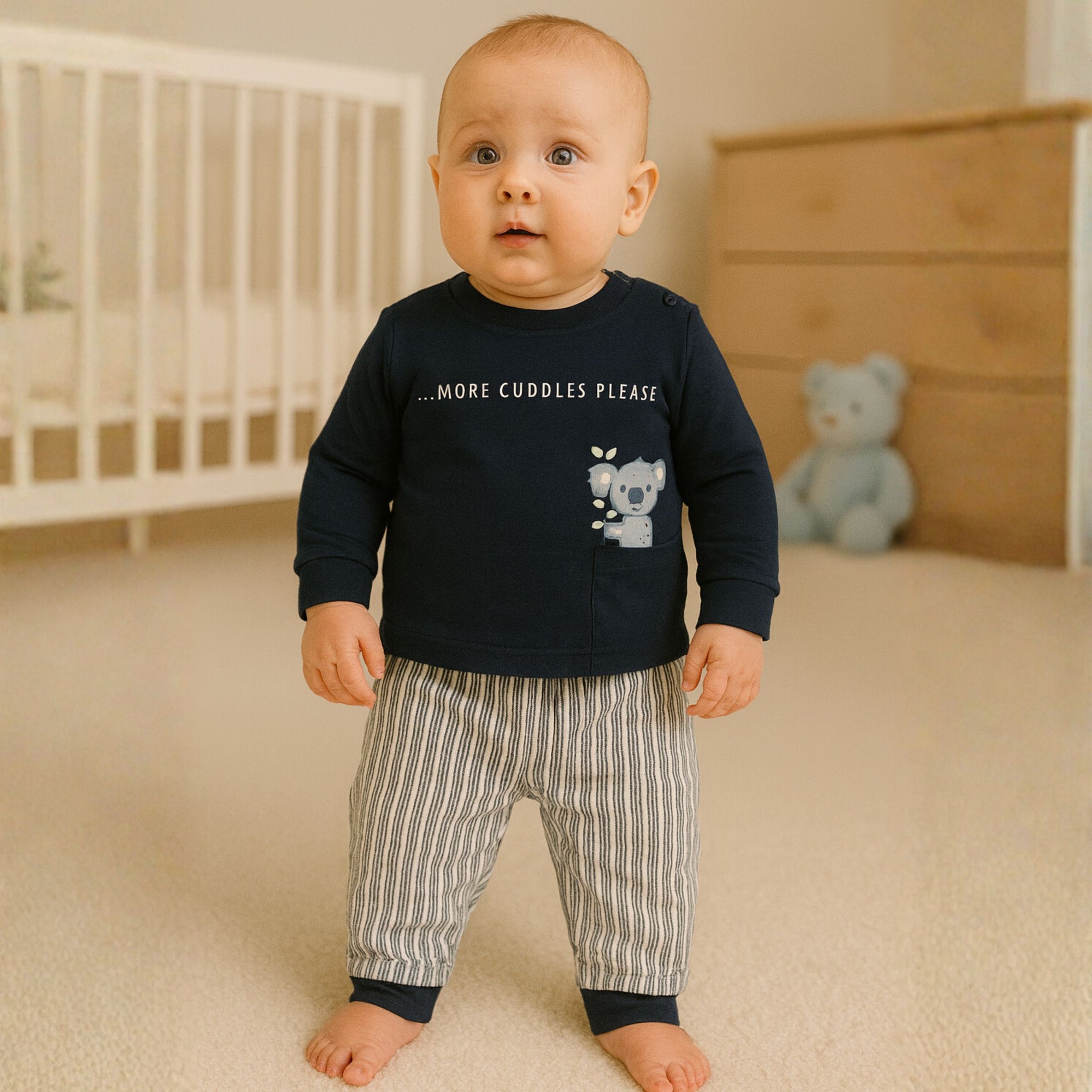 Baby Boys’ “More Cuddles Please” Top & Striped Pants Set – 6 to 24 Months (Blue / Navy)