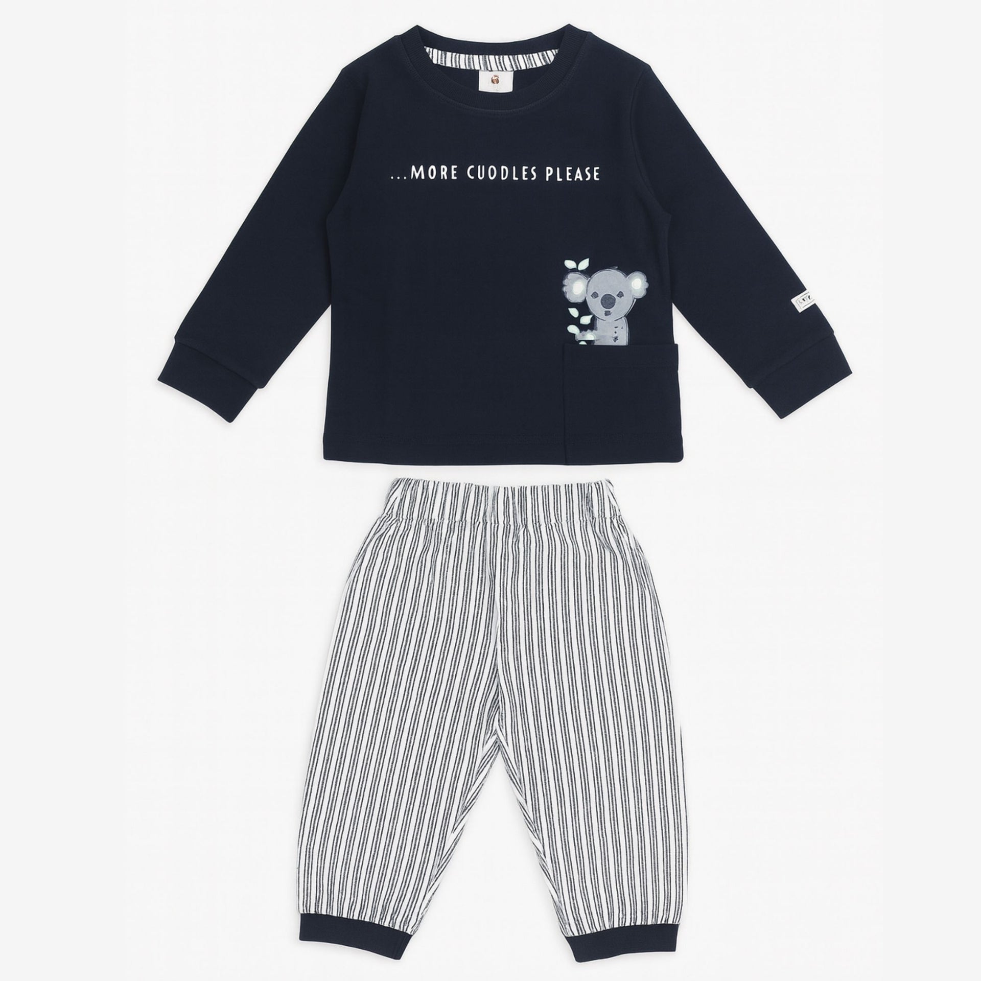 Baby Boys’ “More Cuddles Please” Top & Striped Pants Set – 6 to 24 Months (Blue / Navy)