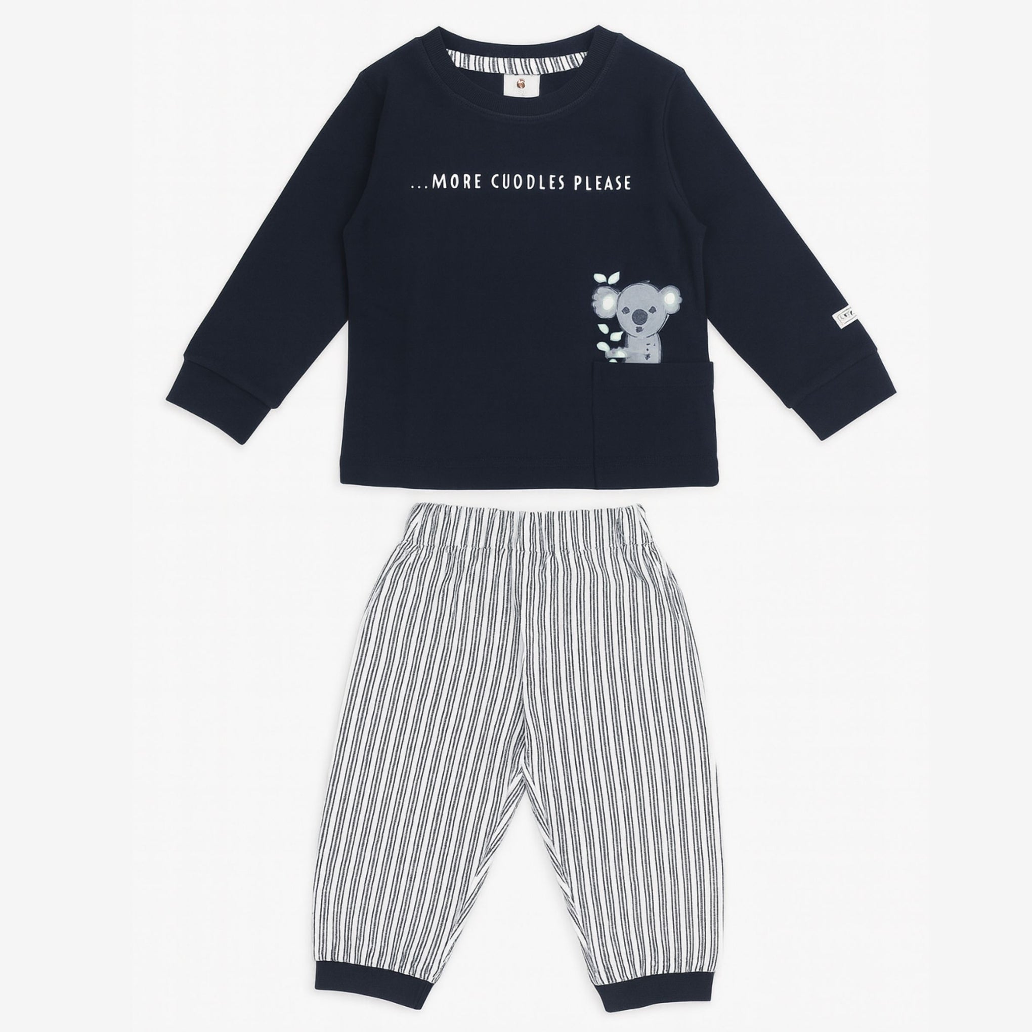 Baby Boys’ “More Cuddles Please” Top & Striped Pants Set – 6 to 24 Months (Blue / Navy)