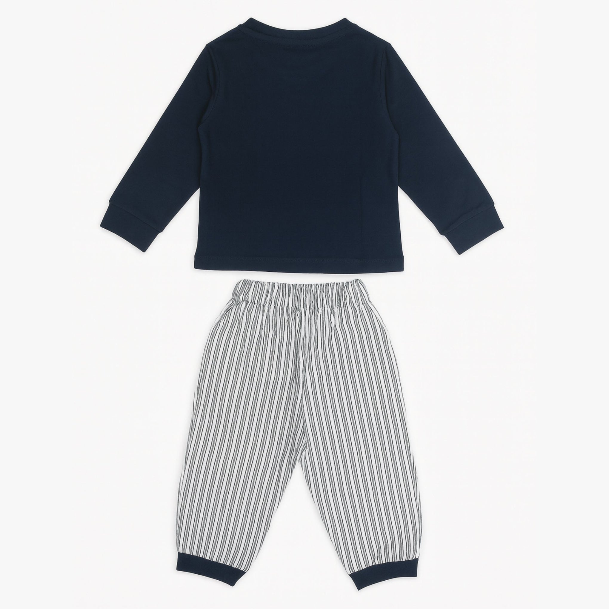 Baby Boys’ “More Cuddles Please” Top & Striped Pants Set – 6 to 24 Months (Blue / Navy)