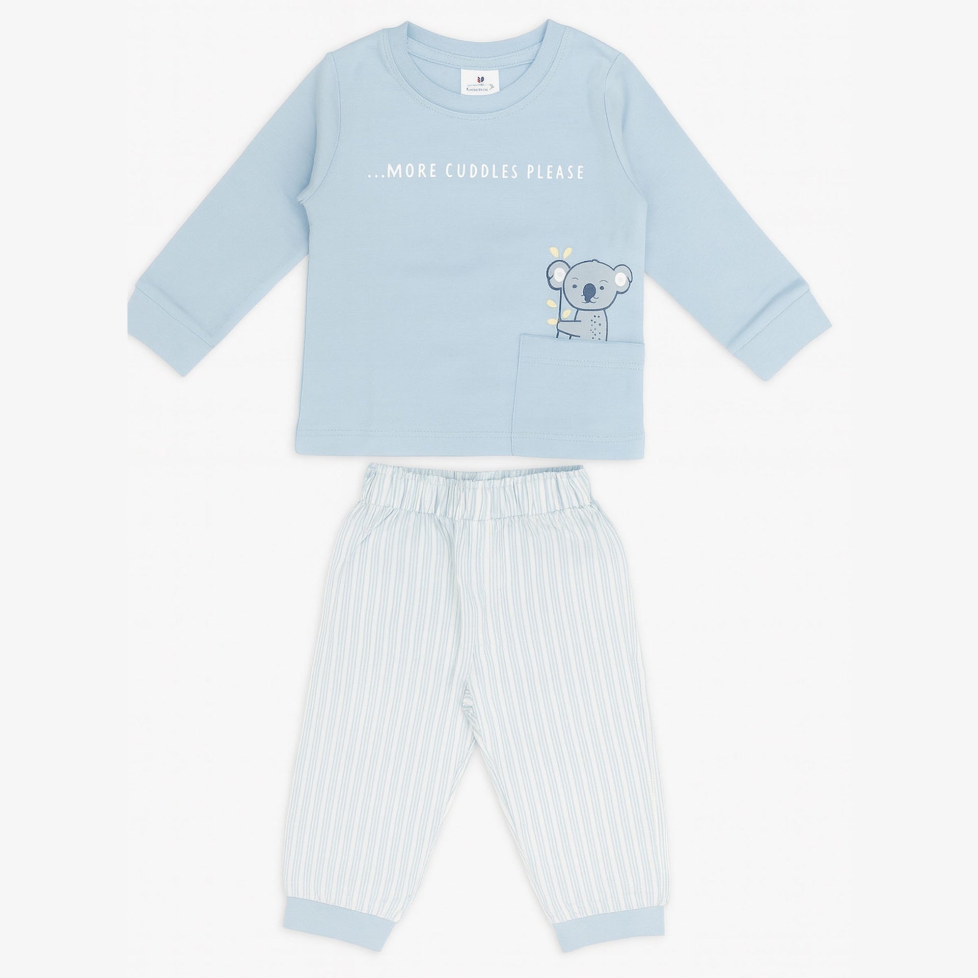 Baby Boys’ “More Cuddles Please” Top & Striped Pants Set – 6 to 24 Months (Blue / Navy)