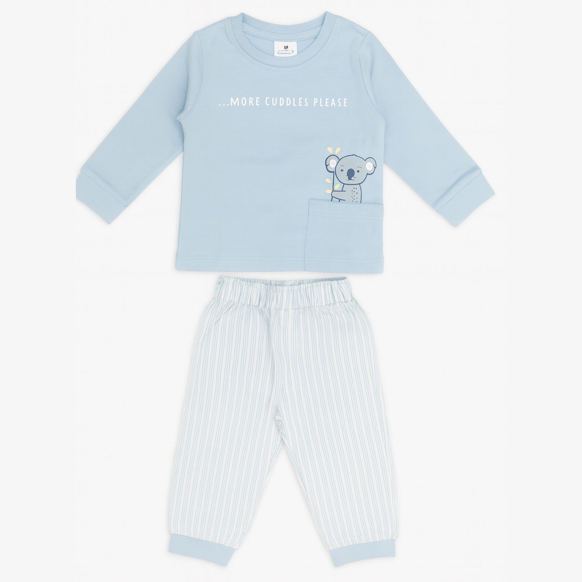 Baby Boys’ “More Cuddles Please” Top & Striped Pants Set – 6 to 24 Months (Blue / Navy)