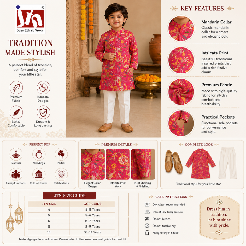 JTN Boys Ethnic Wear Pink Floral Printed Kurta with White Pajama Set
