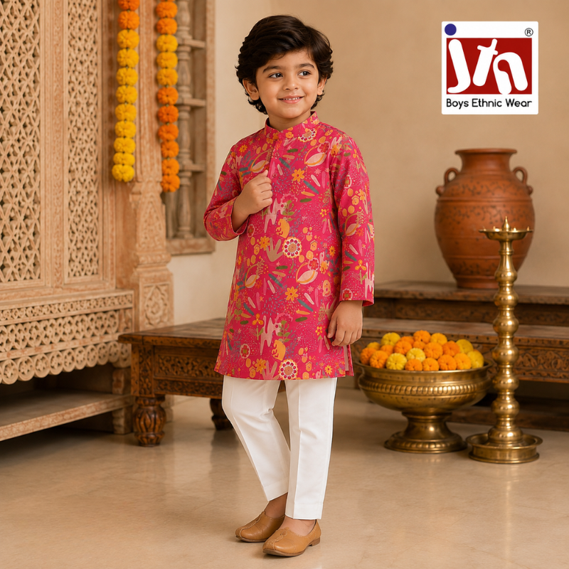 JTN Boys Ethnic Wear Pink Floral Printed Kurta with White Pajama Set