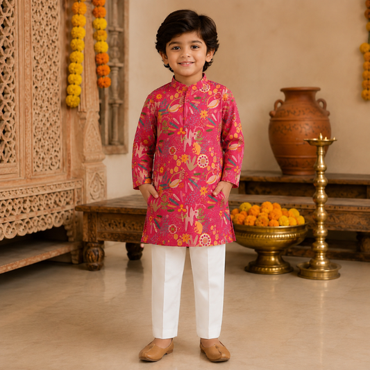 JTN Boys Ethnic Wear Pink Floral Printed Kurta with White Pajama Set